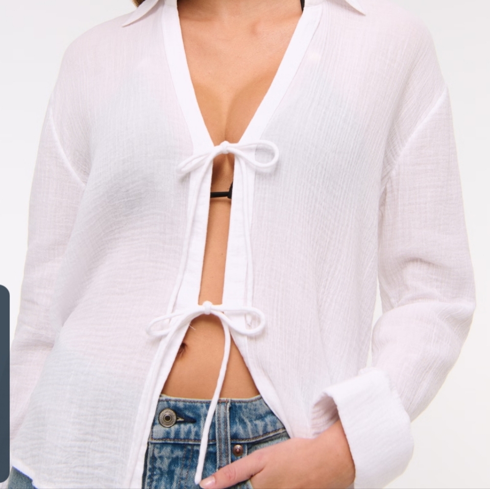 Abrecombie & Fitch Long-Sleeve Oversized Tie-Front Gauzy Shirt Size Large NWT
